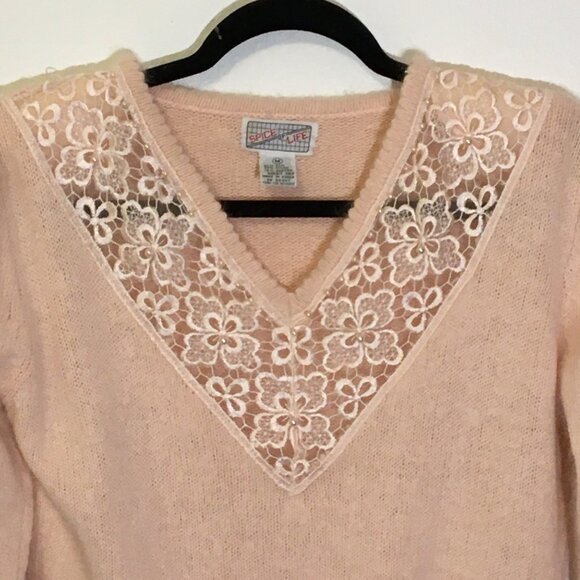 Vintage 80s Angora Blend Sweater Deep V Lace Grannycore Grandma Coquette (T6) - Picture 6 of 13